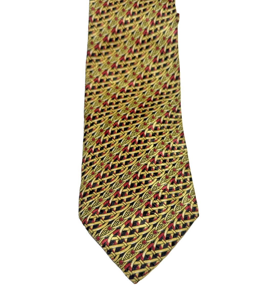 Brioni Roma Mens Silk Necktie Gold Red Latticework Chain Keeper Italy Wide 4 In